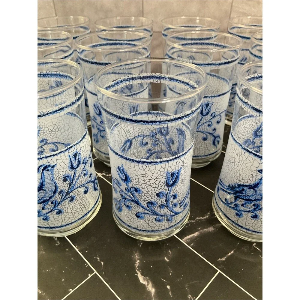 Libbey 10 oz glasses Frosted Blue bird and flower 5.25” X 2.50” Set of 11